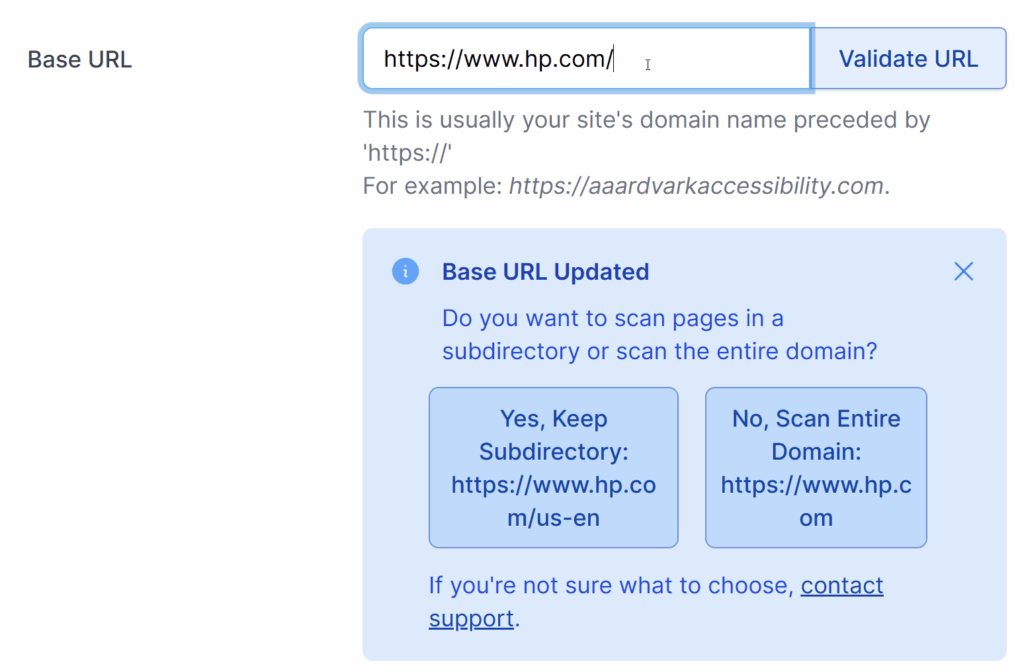 Adding a domain that includes a subdirectory would show an alert.