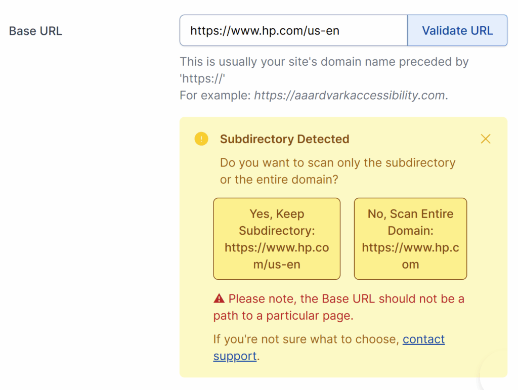 Adding a subdirectory that's under a domain would show an alert.