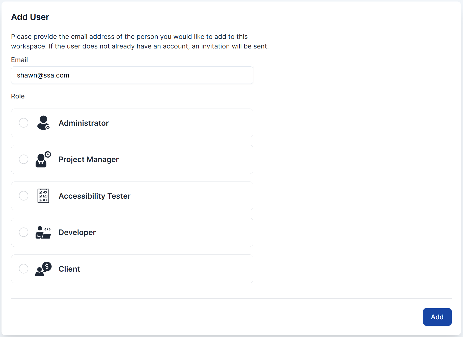 Entering in the team member's email in the email field along with selecting a role to invite them to the workspace.