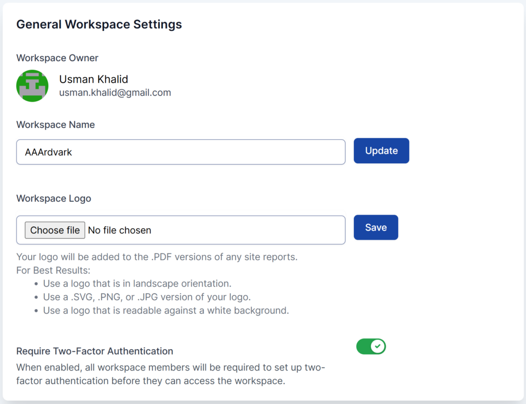 Screenshot of the General Workspace settings