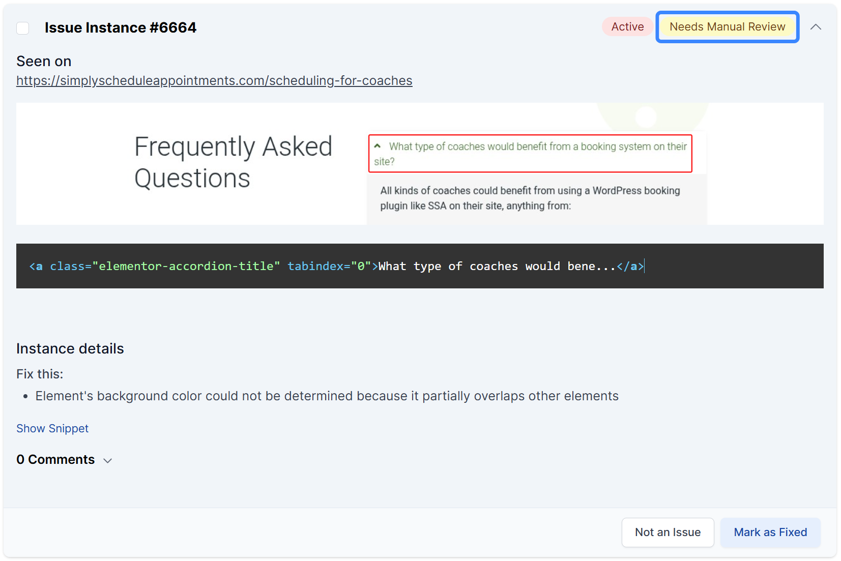 The screenshot shows the Needs Manual Review option for issues.