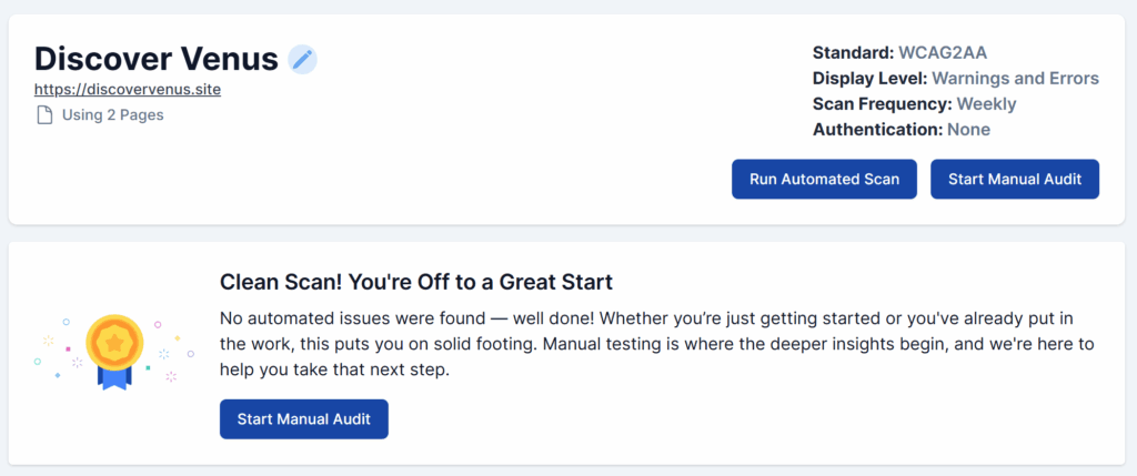 The message displayed on the site dashboard says that no Automated issues were detected in the scan or all have been resolved.
