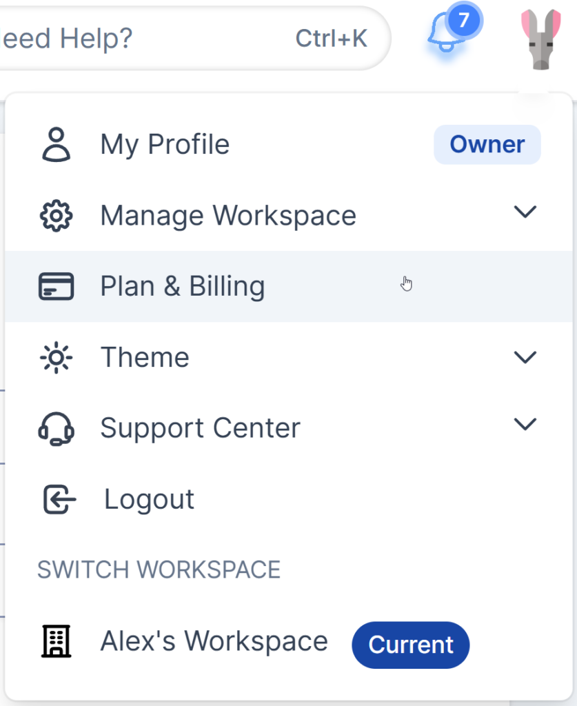 Plan and Billing menu item from the site dashboard.