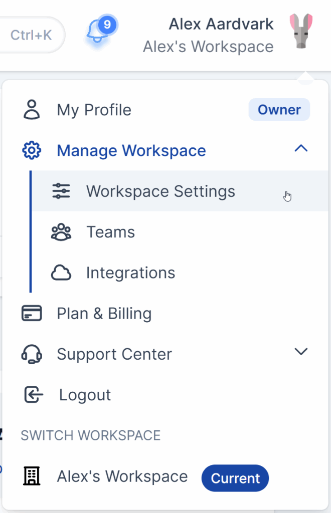 The Workspace Settings option is found under the Manage Workspace menu item.