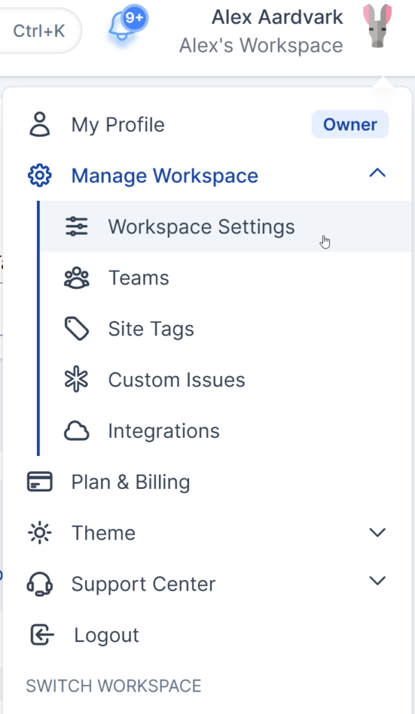 The Workspace Settings option is found under the Manage Workspace menu item.