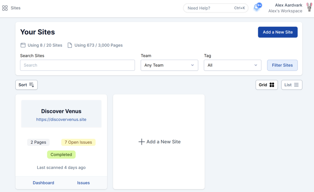 On your Sites page in AAArdvark, a button is shown in the interface to “Add a New Site”.