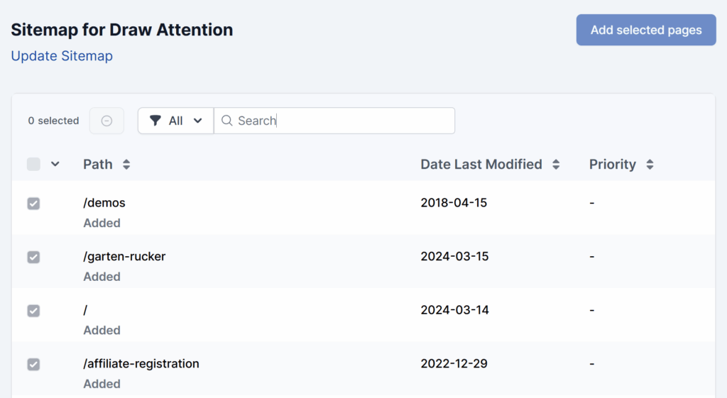 The screenshot displays added pages for a site along with the "Added" tag.