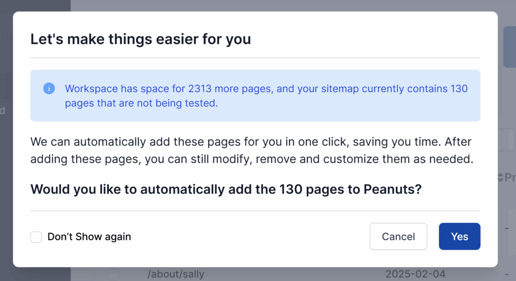 Popup on the sitemap page displaying a message regarding space for pages left on the workspace and the site page that haven't been added/tested.