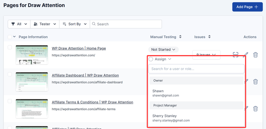 Click the tester field on a page row to assign a team member for manual testing.