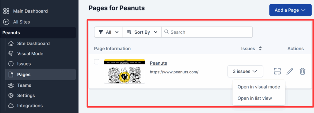 Pages listing highlighted with the Issues menu button selected and the Open in Visual Mode and Open in List View menu items shown.