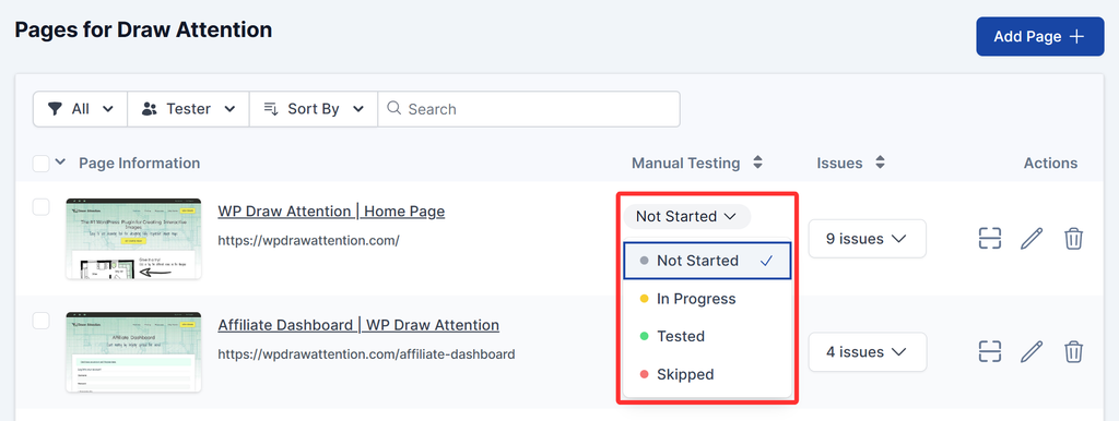 The Status column on the Pages screen shows each page's current manual testing status.