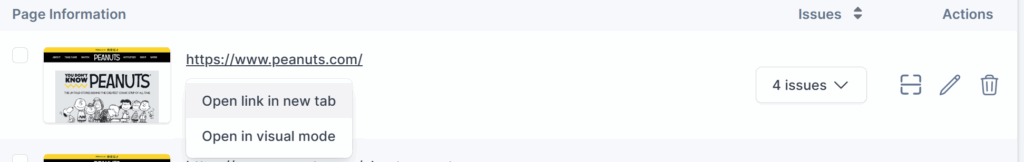 The screenshot shows the options visible to user on clicking the page URL