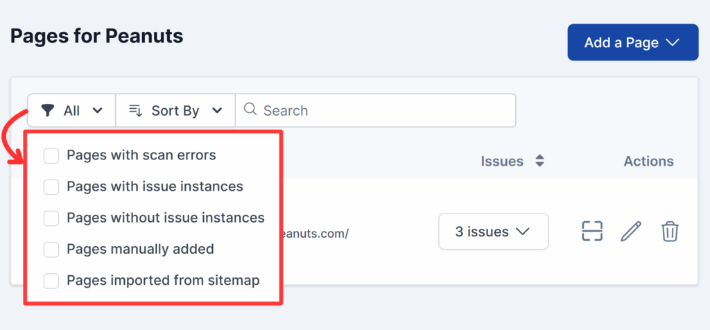 The screenshot displays available filter options for Pages