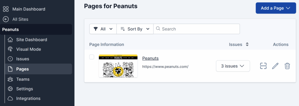 The Pages page interface, showing a table with the homepage listed.