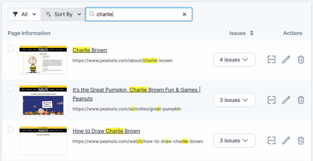 The screenshot displays the option to searching pages. The matching words and letters in the page listing slugs are highlighted in yellow.