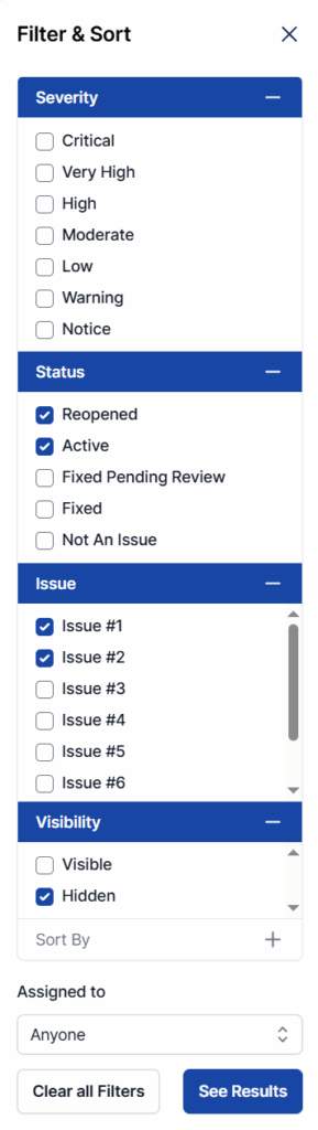Filtering the issues list by severity, status, oldest and most recent, or who they're assigned to.