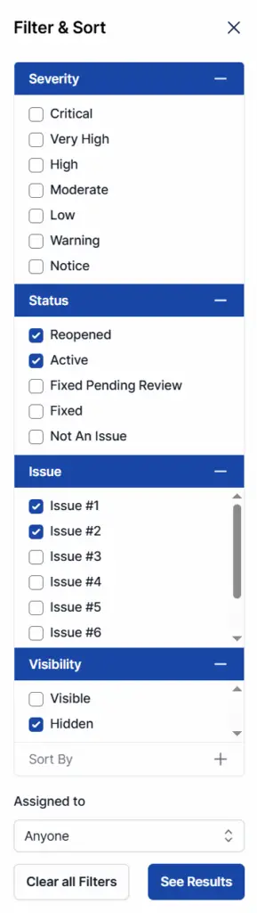 Filtering the issues list by severity, status, oldest and most recent, or who they're assigned to.