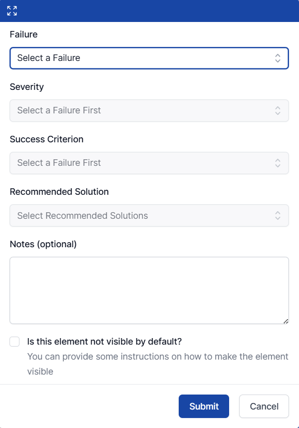 Recording an issue prompt; the user can select which failure applies to the issue, the success criterion that relates, a recommended solution, severity level, some additional notes, and whether or not the element is visible by default.