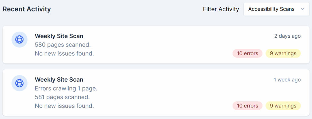Scan activity will be displayed in the activity log and can be filtered accordingly.