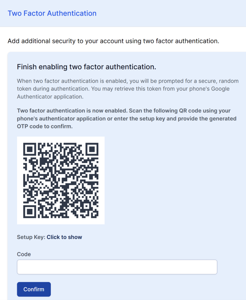 The screenshot displays the steps to scan the QR code for enabling two factor authentication