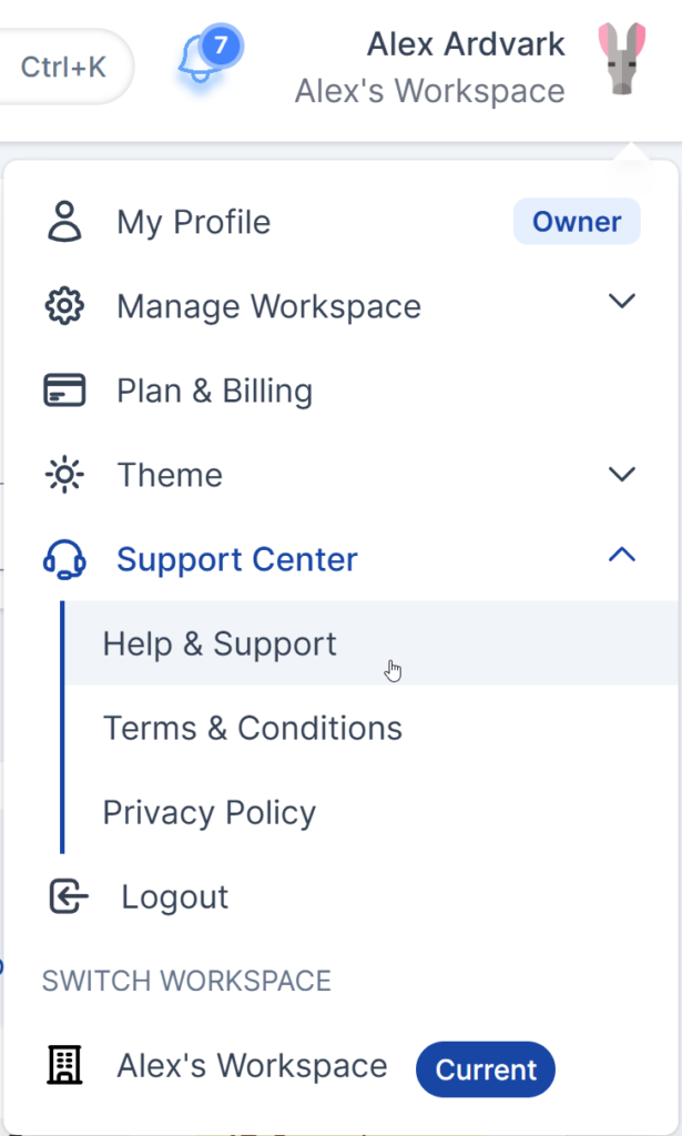 Help & Support option to be directed to the Help Center