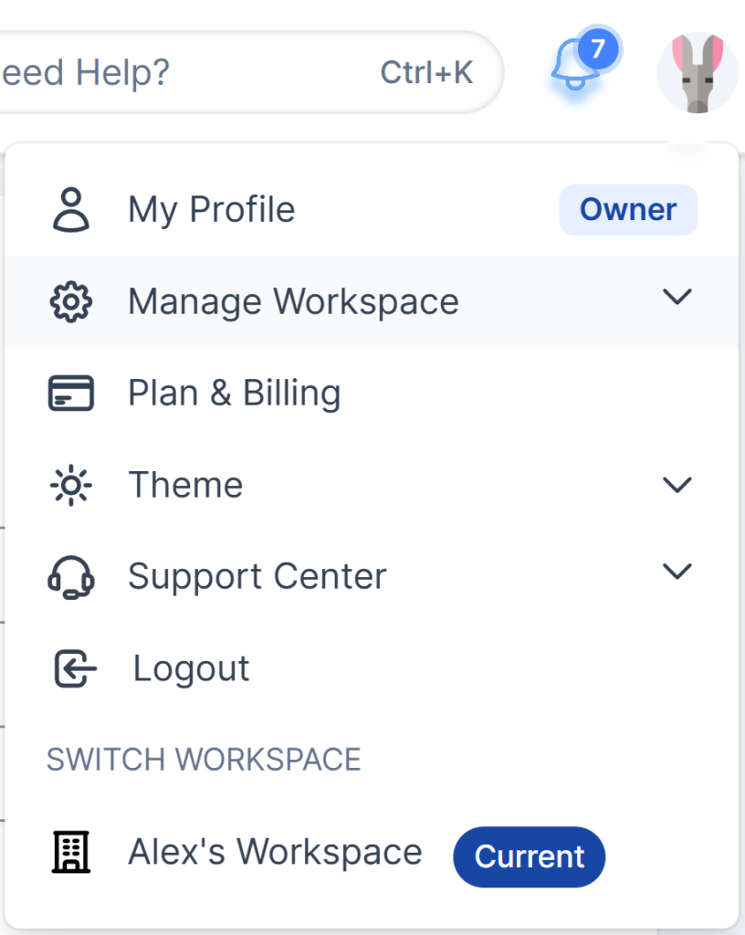 Account settings that displays My Profile, Manage Workspace, Plan & Billing, Support Center, Logout, and Workspaces.
