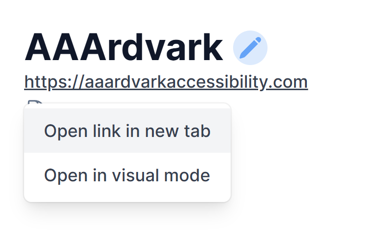 The screenshot displays the options that become visible on clicking on the site URL.