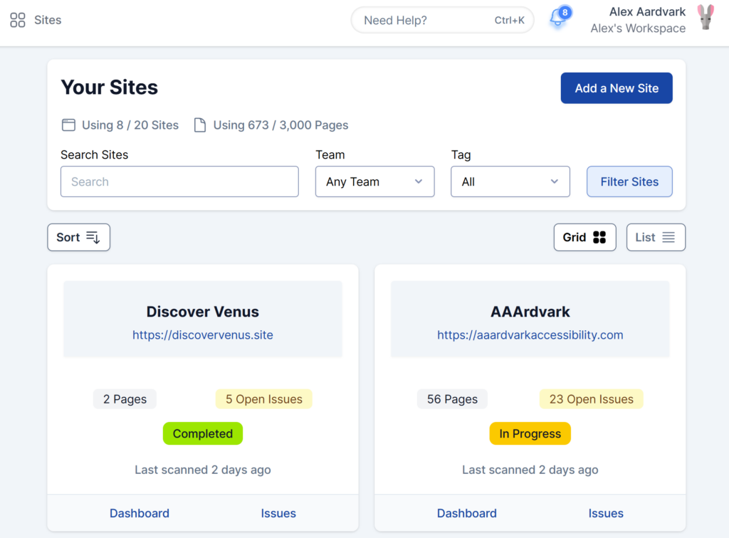 Workspace Dashboard displaying sites and account settings.