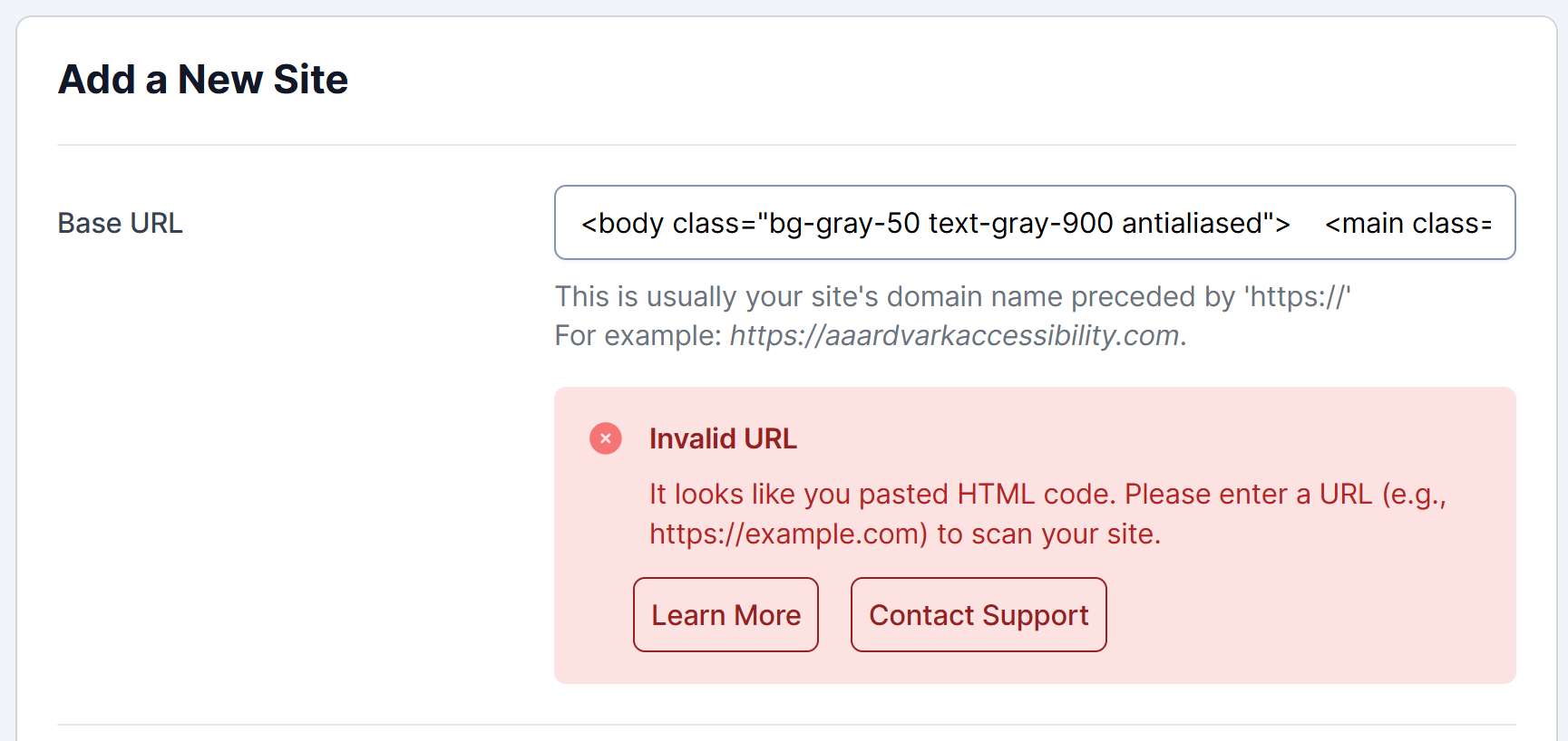 Invalid URL error shown when HTML code is pasted into the Base URL field instead of a web address.