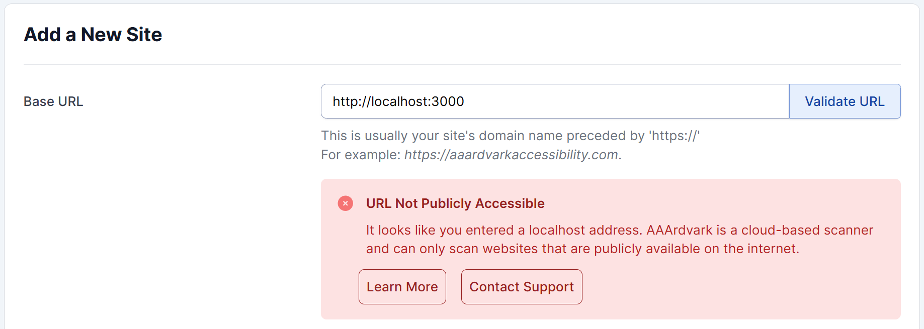 An error returned when adding a site with URL Not Publicly Accessible