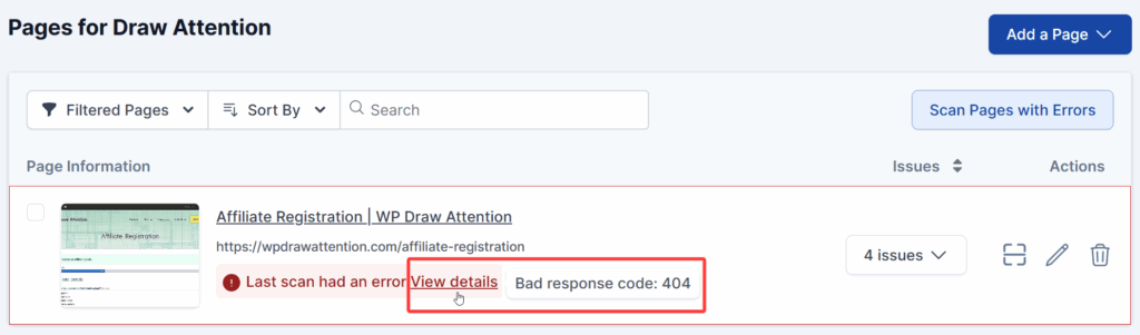 Hovering over the View Details button for the failed page scan and a tooltip shows, "Bad response code: 404".