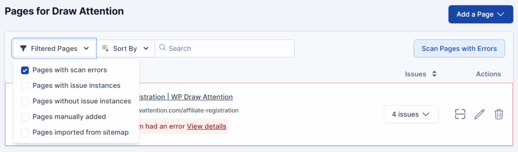 The screenshot displays how to filter pages with scan errors.