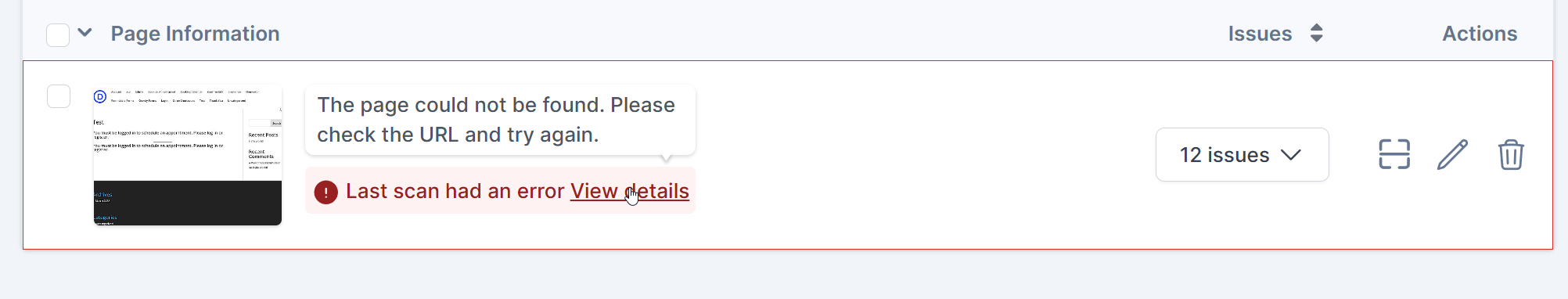 Hovering over the View Details button for the failed page scan and a tooltip shows, "The page could not be found. Please check the URL and try again."