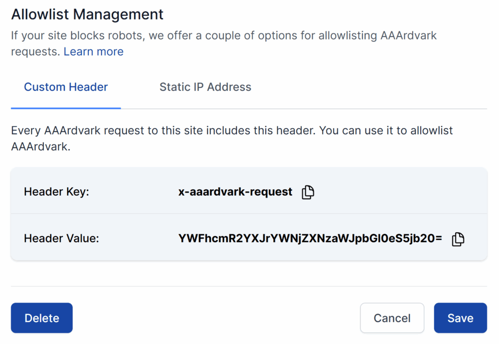 The screenshot displays that for each site displays a custom header with its unique key and value.
