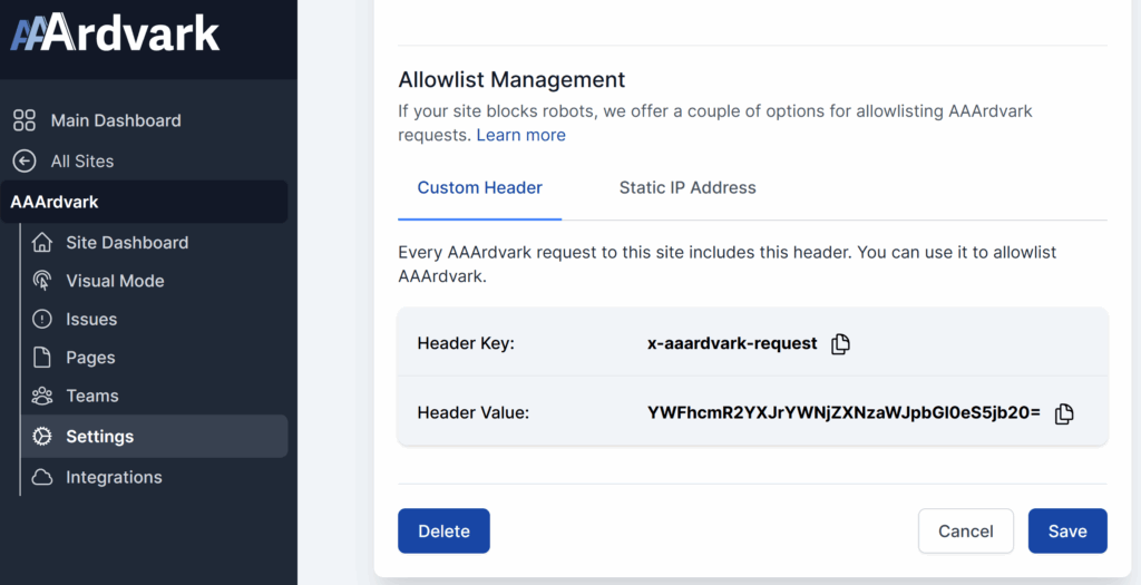 Allowlist management for white-listing located by going to "Settings".