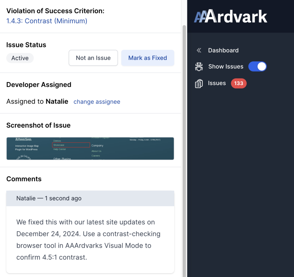 Screenshot of the Issue Instance detail page in the AAArdvark Visual Mode interface, listing the Violation of Success Criterion, Issue Status, Developer Assigned, Screenshot of Issue, and Comments.