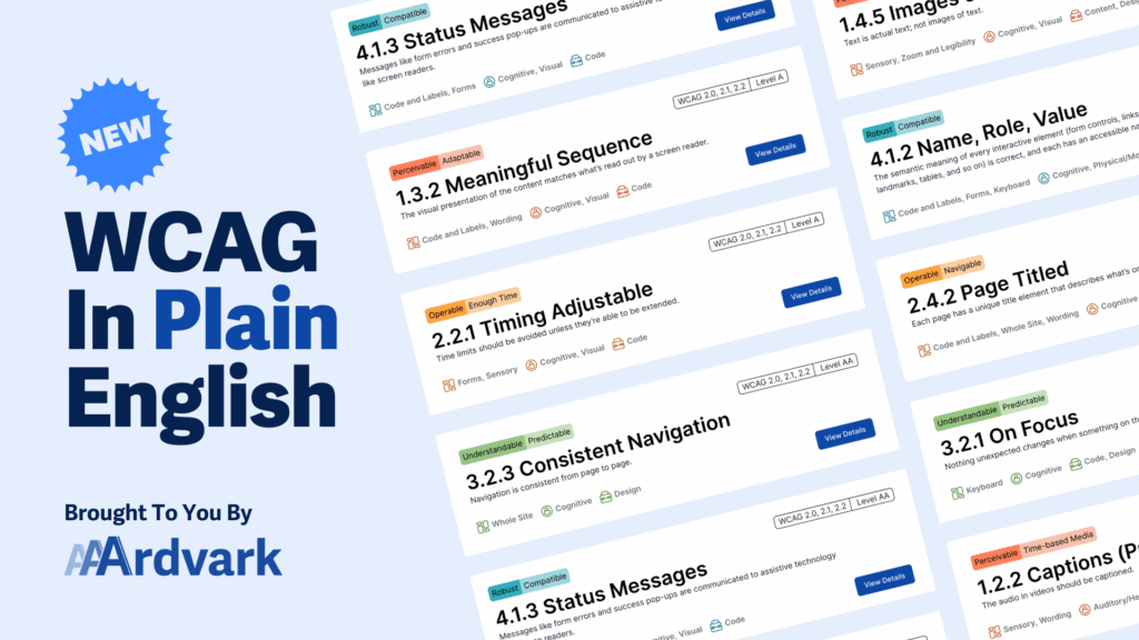 Graphic promoting AAArdvark’s “WCAG In Plain English” with colorful WCAG cards and bold headline.