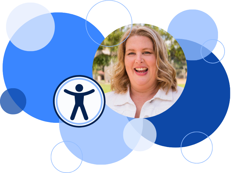 Natalie MacLees smiling with shoulder-length blonde hair shown in a circular frame, layered over overlapping blue shapes and circles. An accessibility icon is placed prominently in the foreground.