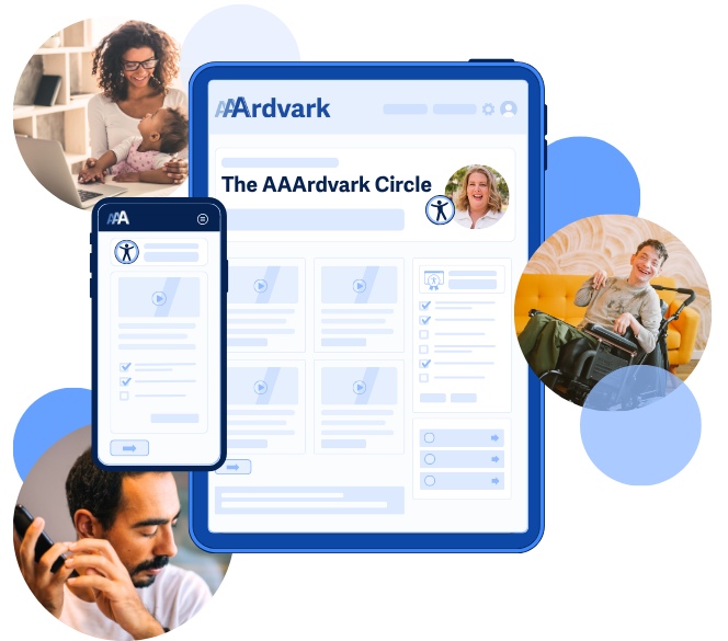 The AAArdvark Circle mockup interface is shown on a tablet and mobile screen. Surrounding the screens are circular portraits of diverse users, including a woman with a child and a wheelchair user.