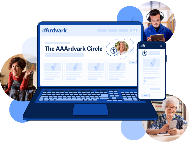 A laptop and smartphone display the AAArdvark Circle mockup interface. Portraits of diverse users surround the devices, including a woman using a tablet and a man with headphones.