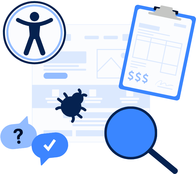 A stylized webpage mockup is overlaid with illustrations representing bugs, magnifying glass, checklist clipboard, question mark, and accessibility symbol.