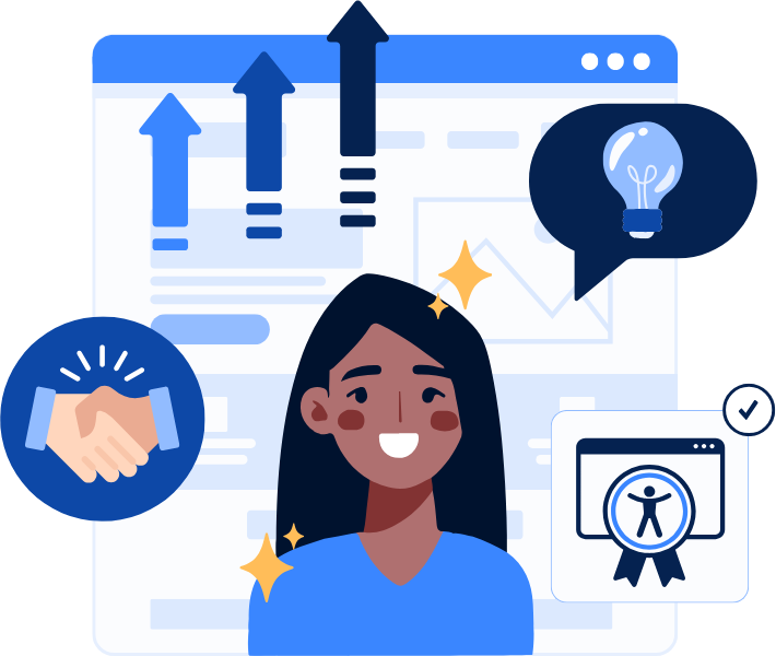 A woman with dark hair smiles in front of a web interface. Icons around her include upward arrows, a light bulb, a checkmark, a handshake, and a web accessibility badge.
