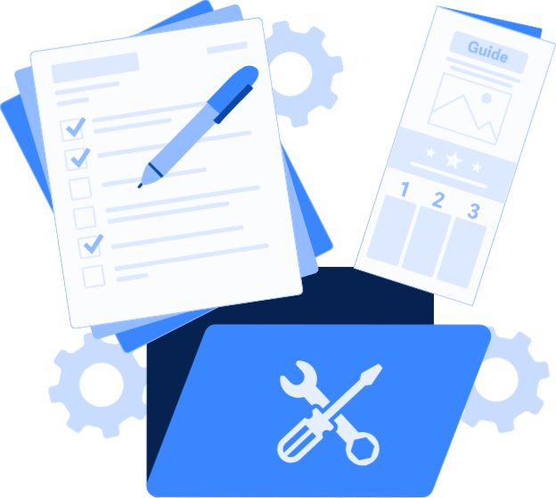A blue folder with a wrench and screwdriver icon is shown with papers, checklists, a pen, gears, and a guide. The imagery represents tools and documentation.