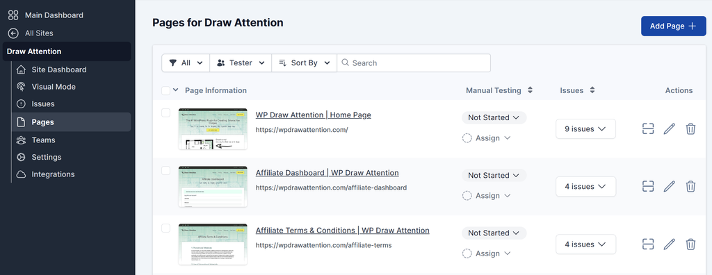 The screenshot displays the page titles and URLs listed for each page on the pages option on site dashboard.