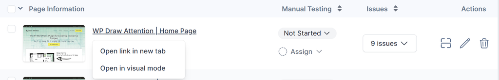 The screenshot shows the options visible to user on clicking the page URL