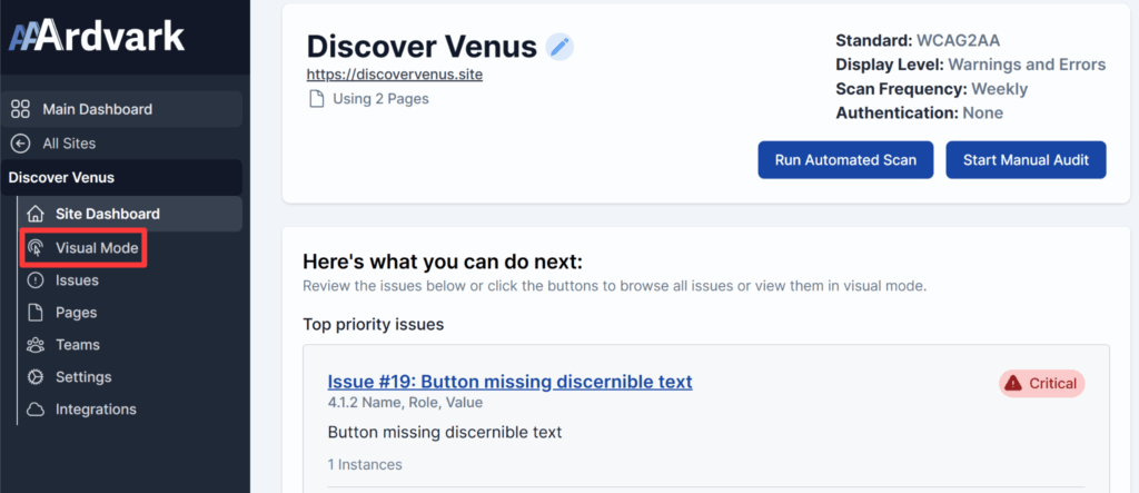 The screenshot displays that selecting a site from the sidebar menu will open all its options, including Visual Mode.