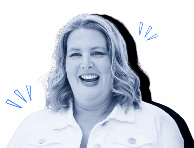 Natalie MacLees smiling with wavy blonde hair and white shirt, with blue accent lines on either side.