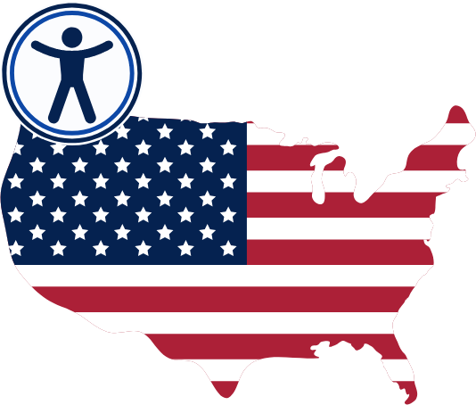 The United States American flag design embedded on a map of the country shown with an overlapping universal accessibility symbol.