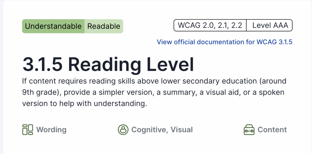 WCAG 3.1.5 Reading Level guideline summary card.