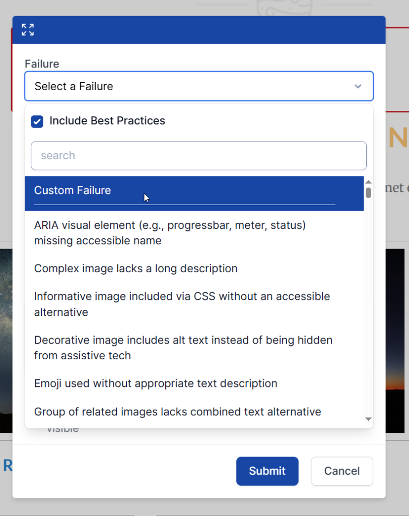 Recording a manual issue in Visual Mode, with the ability to enter the failure and select the severity, success criterion, recommended solution, and add a comment.